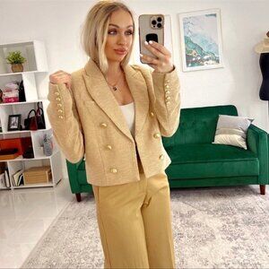 House of Harlow Tweed Cropped Tan Blazer Jacket Size XS Gold Buttons neutral
